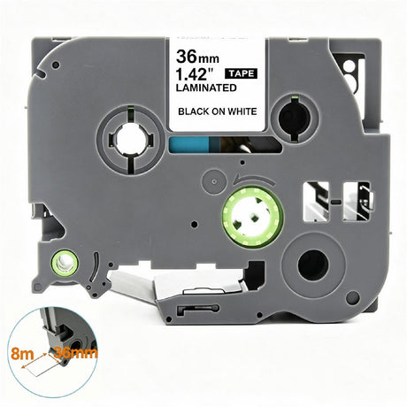 Label Tape Cassette 8 meters, Laminated, Compatible with Brother P-Touch label printers, Black on White - 36mm