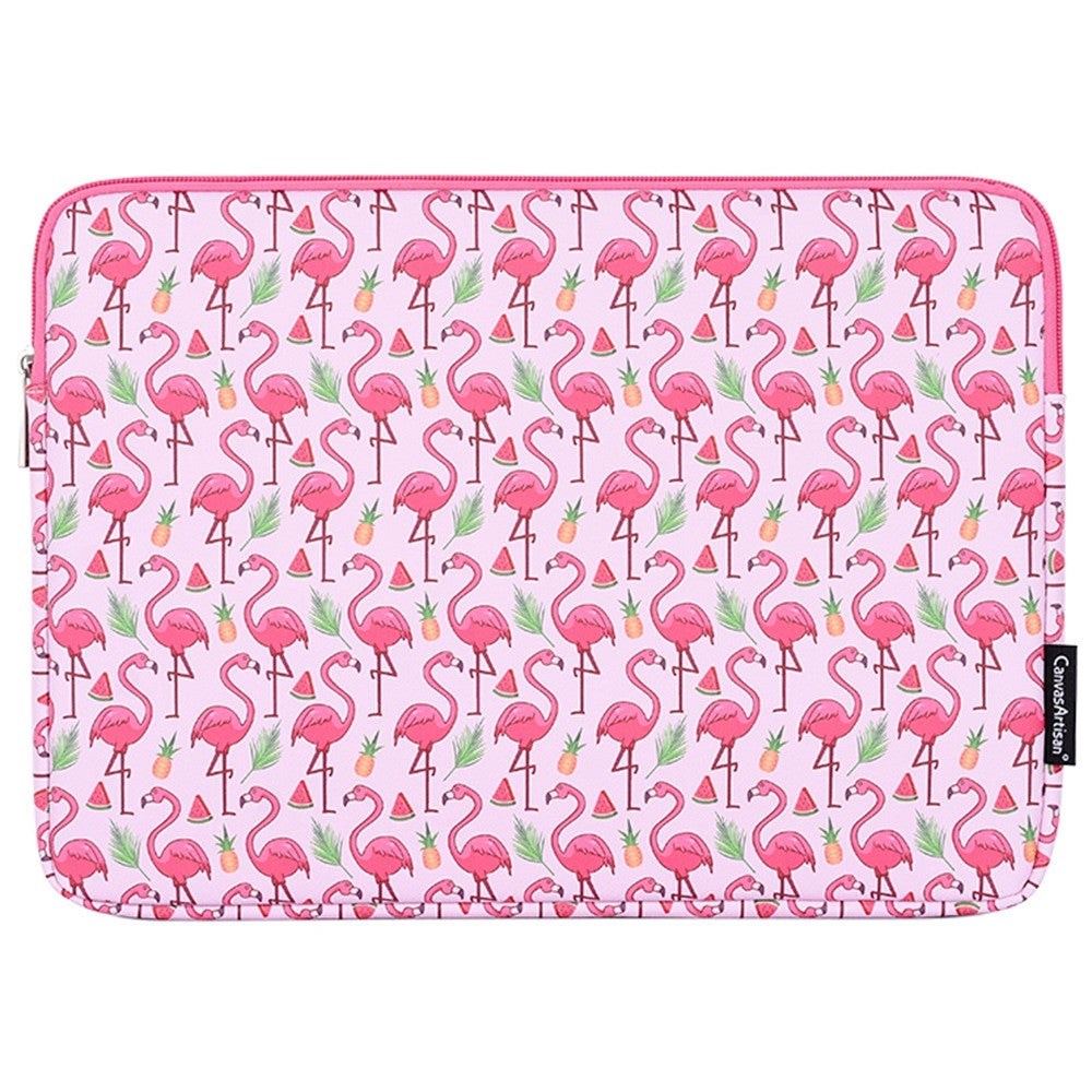 CanvasArtisan Leather Sleeve with Flamingo Motif for Laptop PC / Macbook 14" - (37 x 26.5 x 2 cm) - Pink