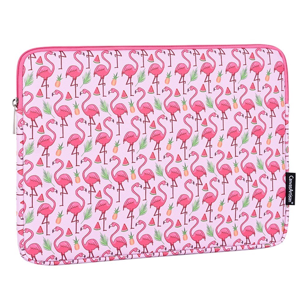 CanvasArtisan Leather Sleeve with Flamingo Motif for Laptop PC / Macbook 14" - (37 x 26.5 x 2 cm) - Pink