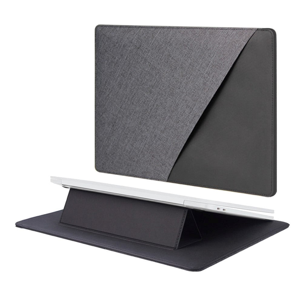 Magnetic MacBook / Laptop Sleeve 13-14" w. Extra Pocket & Tri-fold Stand Function (32 x 24 cm) - Black / Gray