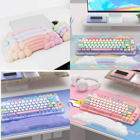 Keyboard Wrist Rest with. Clouds and Rainbow Design - White / Multi