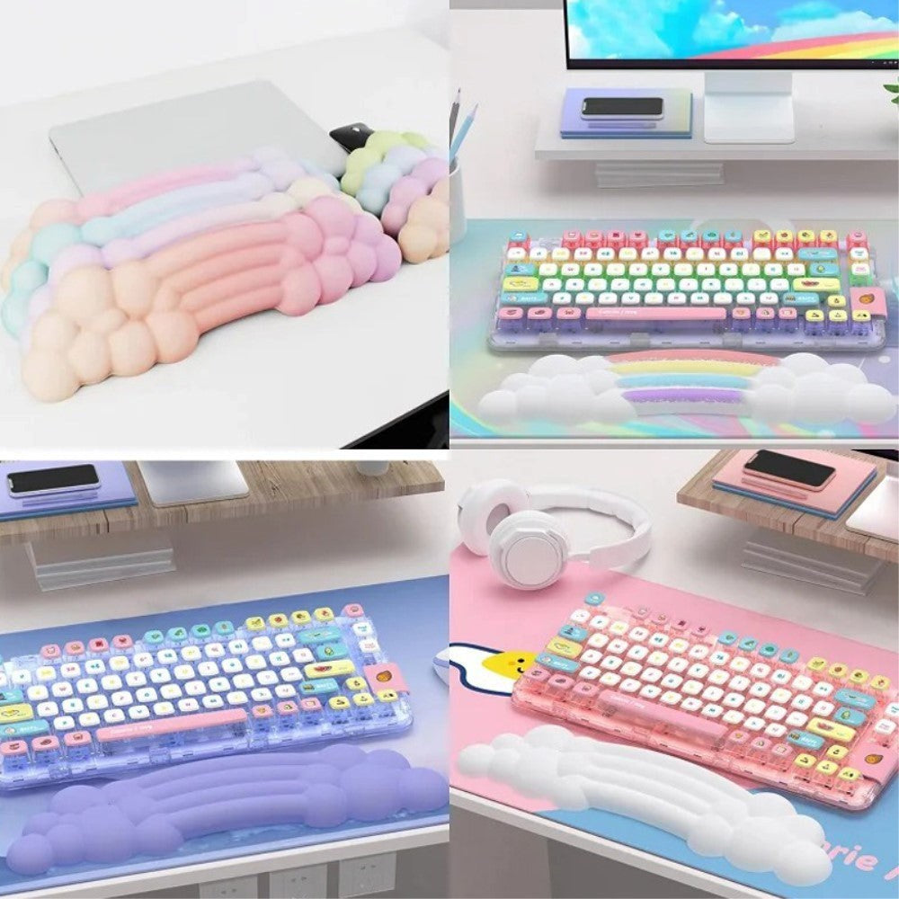 Keyboard Wrist Rest with. Clouds and Rainbow Design - White