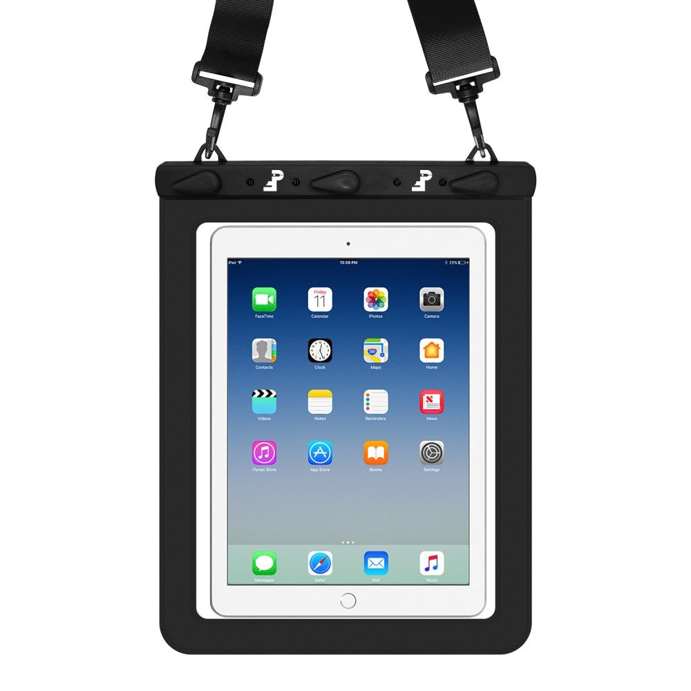 Universal Tablet 25,5x21cm Waterproof Case w. Shoulder Strap - Black / Transparent