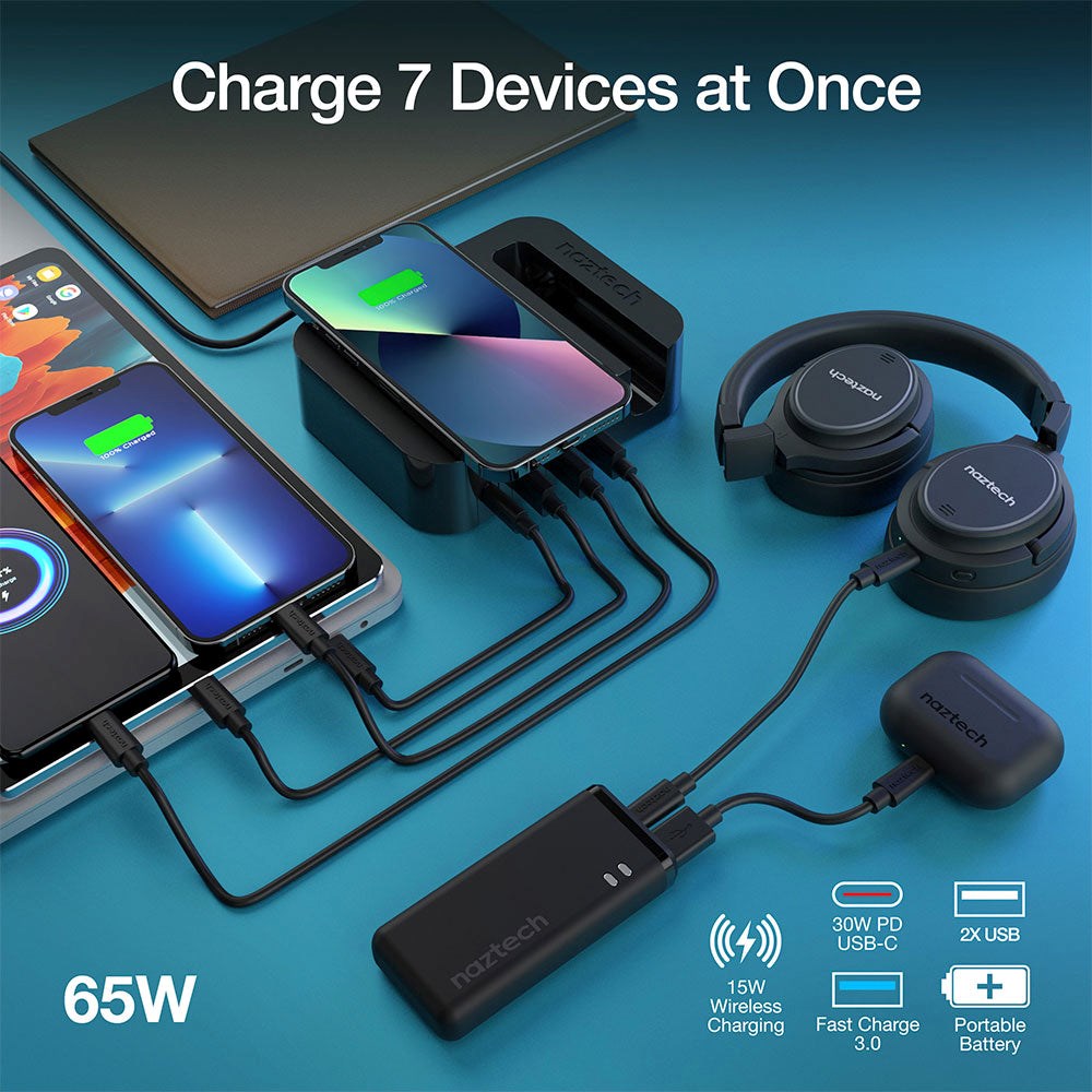 Naztech Docking Station 65W w. Wireless Charger, 3 x USB-A, 1 x USB-C, 1 x 4000mAh Powerbank & 20W Wall Charger - Black