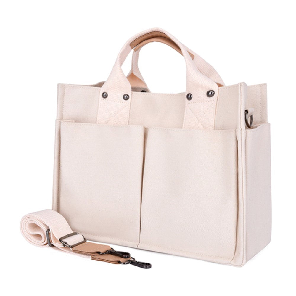 Canvas Fabric Handbag with Shoulder Strap - White