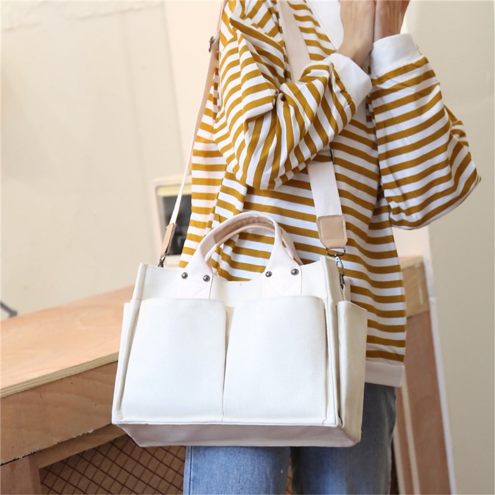 Canvas Fabric Handbag with Shoulder Strap - White