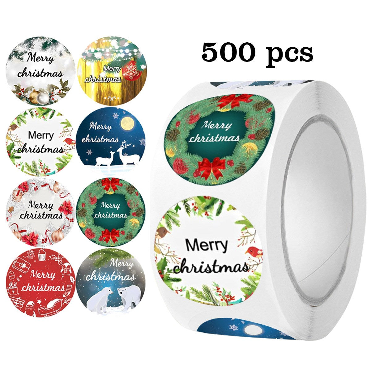 Roll of 500 x Stickers - 8 Designs - Merry Christmas