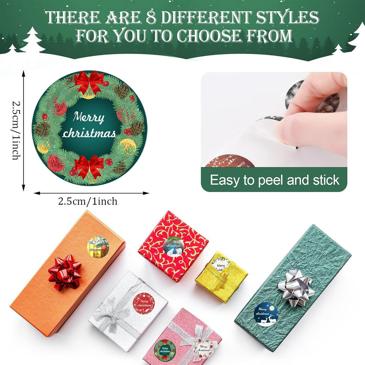 Roll of 500 x Stickers - 8 Designs - Merry Christmas