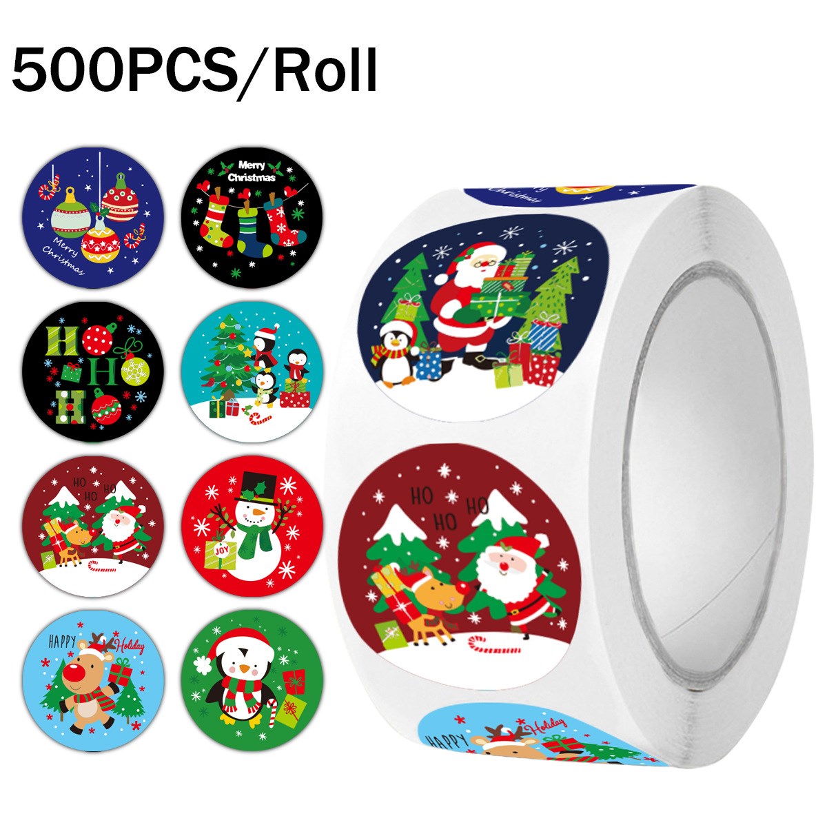 Roll of 500 x Stickers - 8 Designs - Christmas Motifs