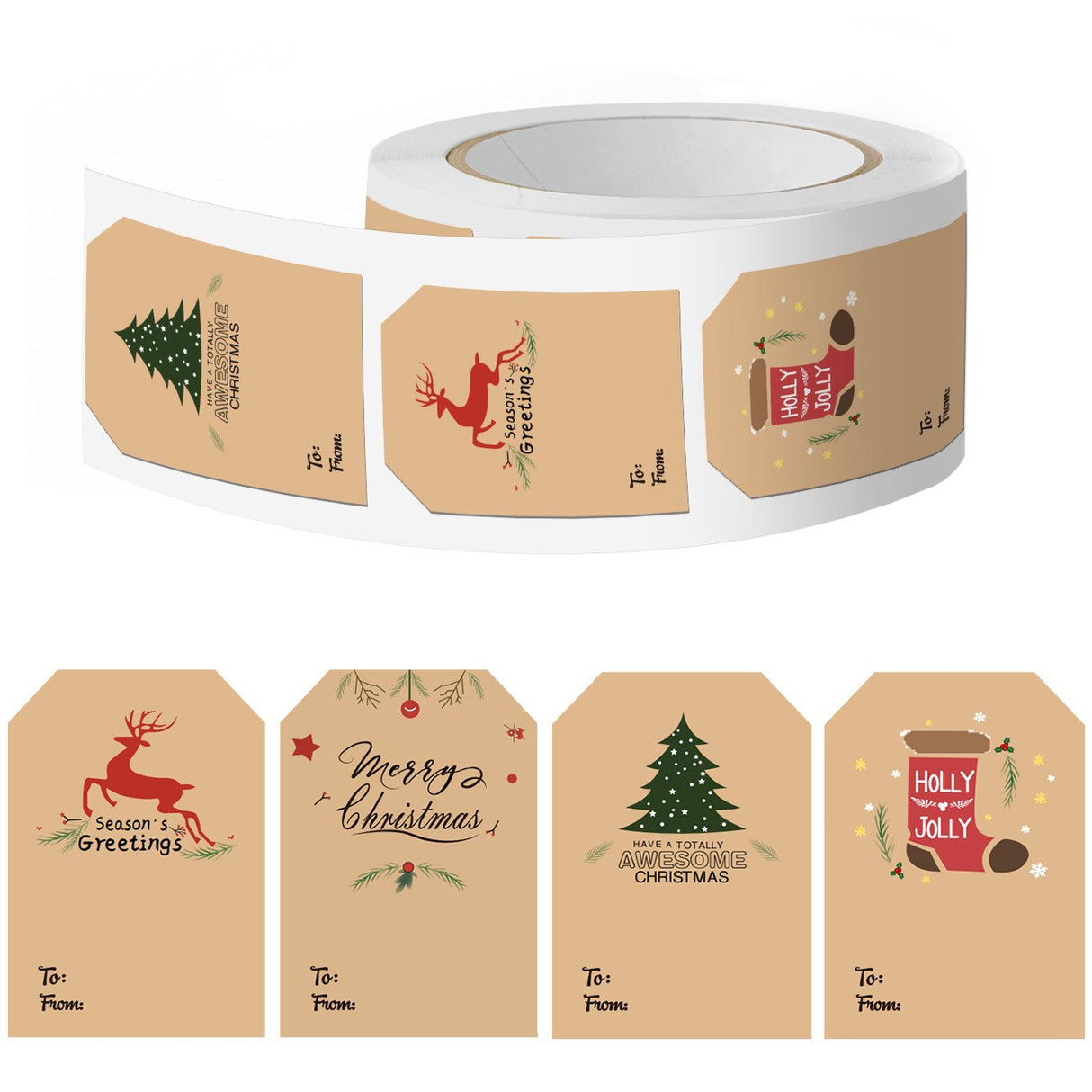 Roll of 300 x Stickers of To and From Card - 4 Designs - Christmas
