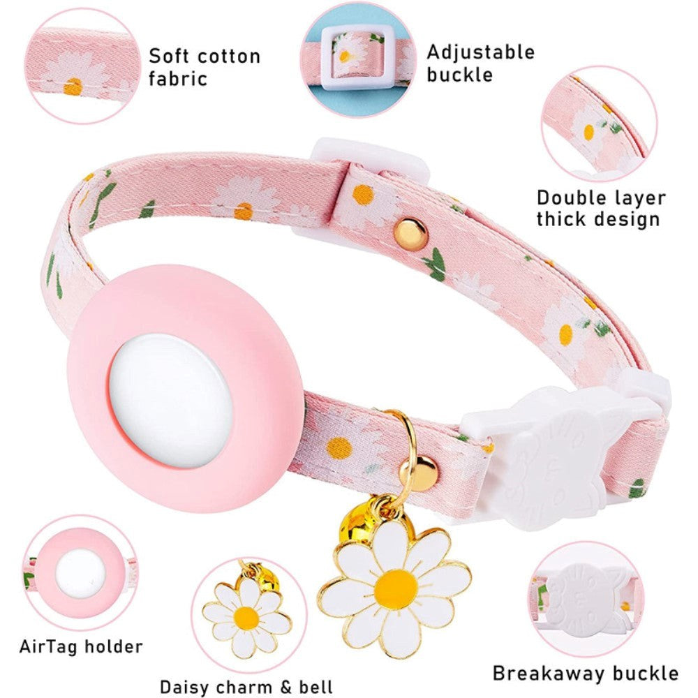 Cat Collar with AirTag Silicone Case & Film - Pink with Daisies