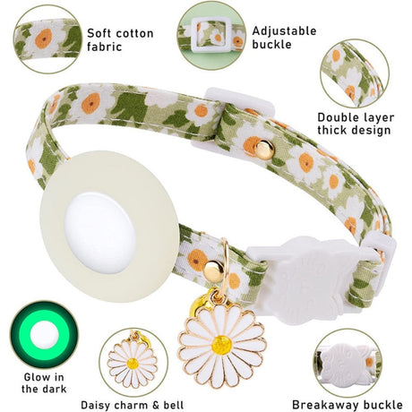 Cat Collar with AirTag Silicone Case & Film - Green with Daisies