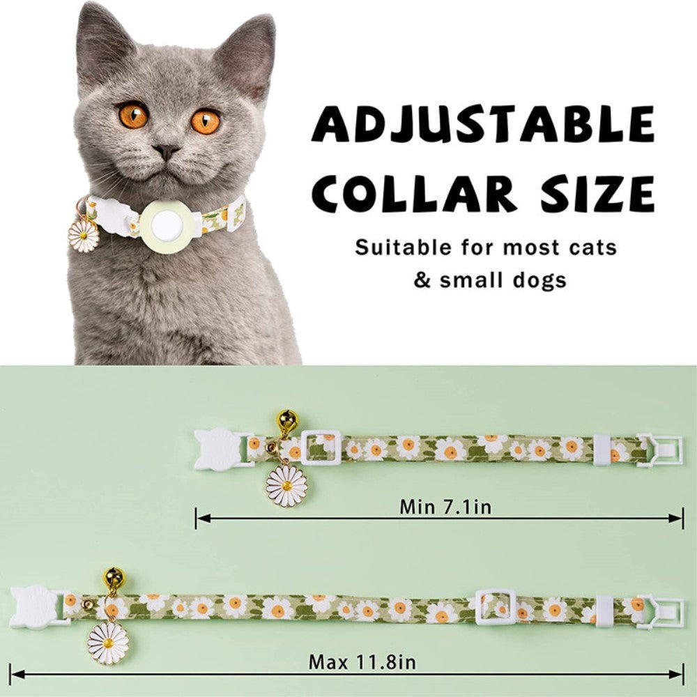 Cat Collar with AirTag Silicone Case & Film - Green with Daisies