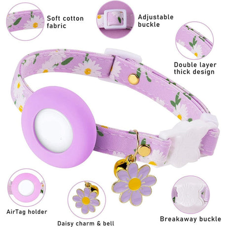 Cat Collar with AirTag Silicone Case & Film - Purple with Daisies