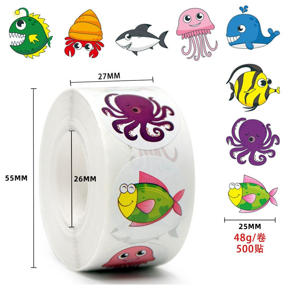 Roll of 500 x Stickers of Cartoon Animals - Exotic Sea Animals