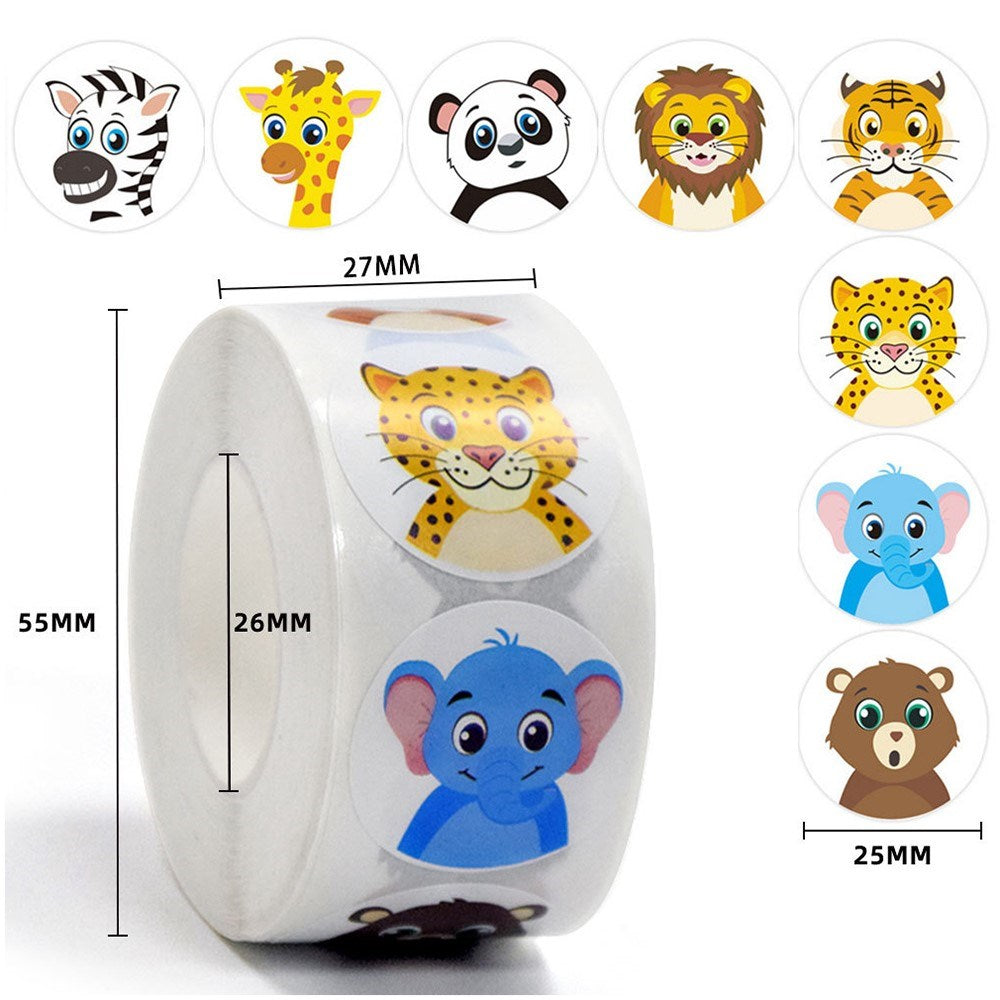 Roll of 500 x Stickers of Cartoon Animals - Wild Animals