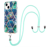 iPhone 14 Plus Flexible Plastic Back Case w. Cord - Marble - Green and Blue