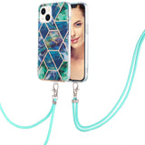 iPhone 14 Plus Flexible Plastic Back Case w. Cord - Marble - Green and Blue