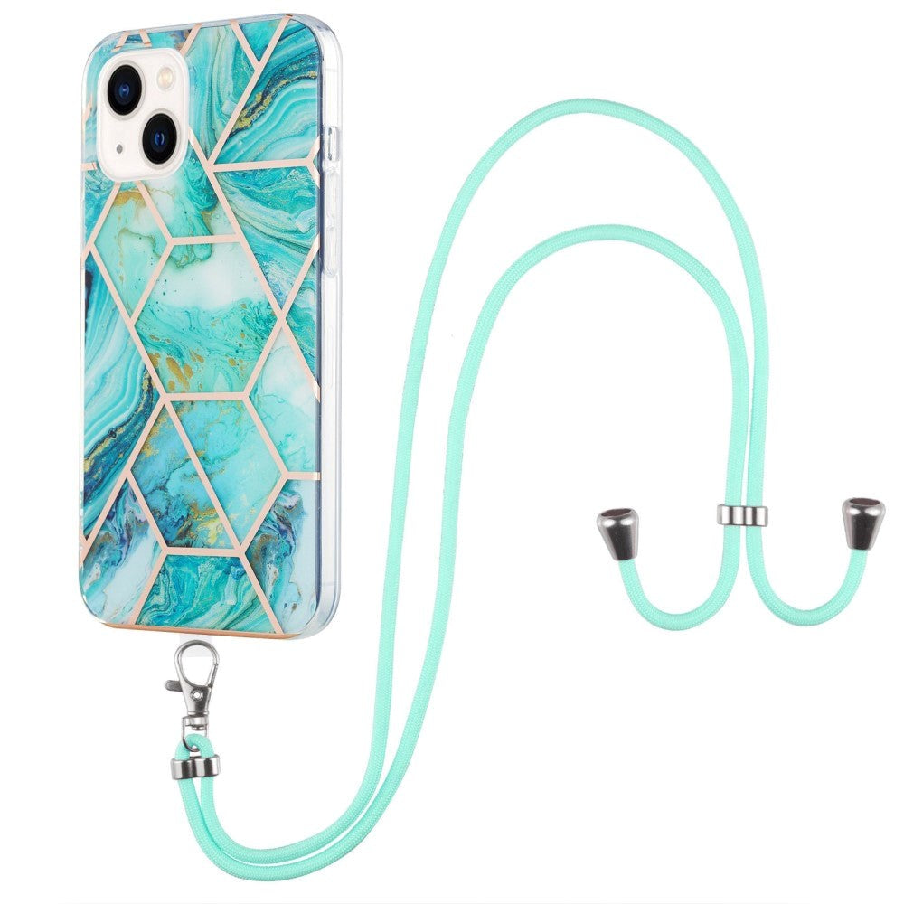 iPhone 14 Flexible Plastic Back Case w. Cord - Marble - Blue