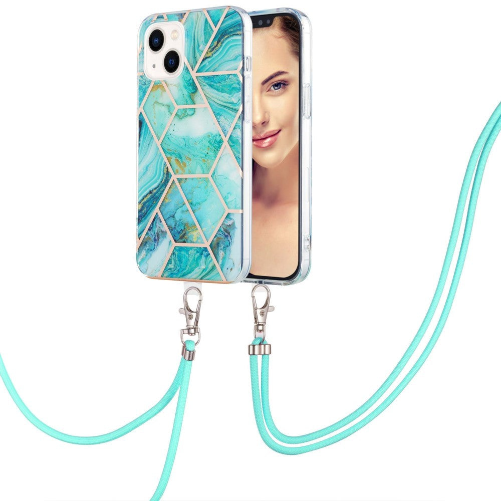 iPhone 14 Flexible Plastic Back Case w. Cord - Marble - Blue