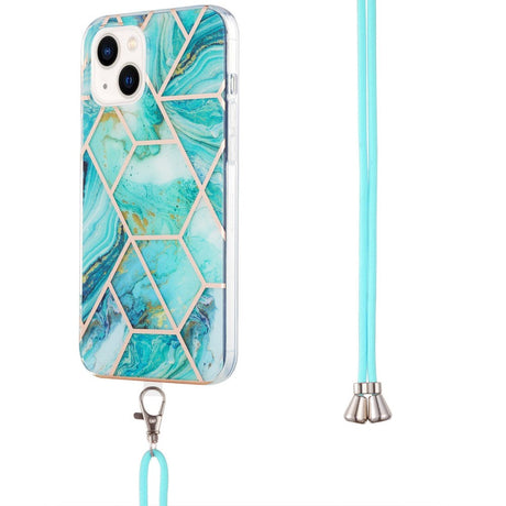 iPhone 14 Flexible Plastic Back Case w. Cord - Marble - Blue