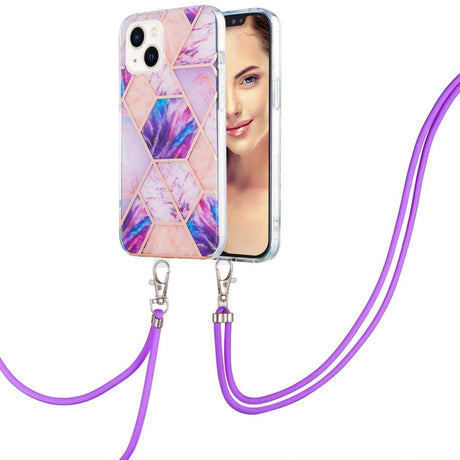 iPhone 14 Flexible Plastic Back Case w. Cord - Marble - Purple