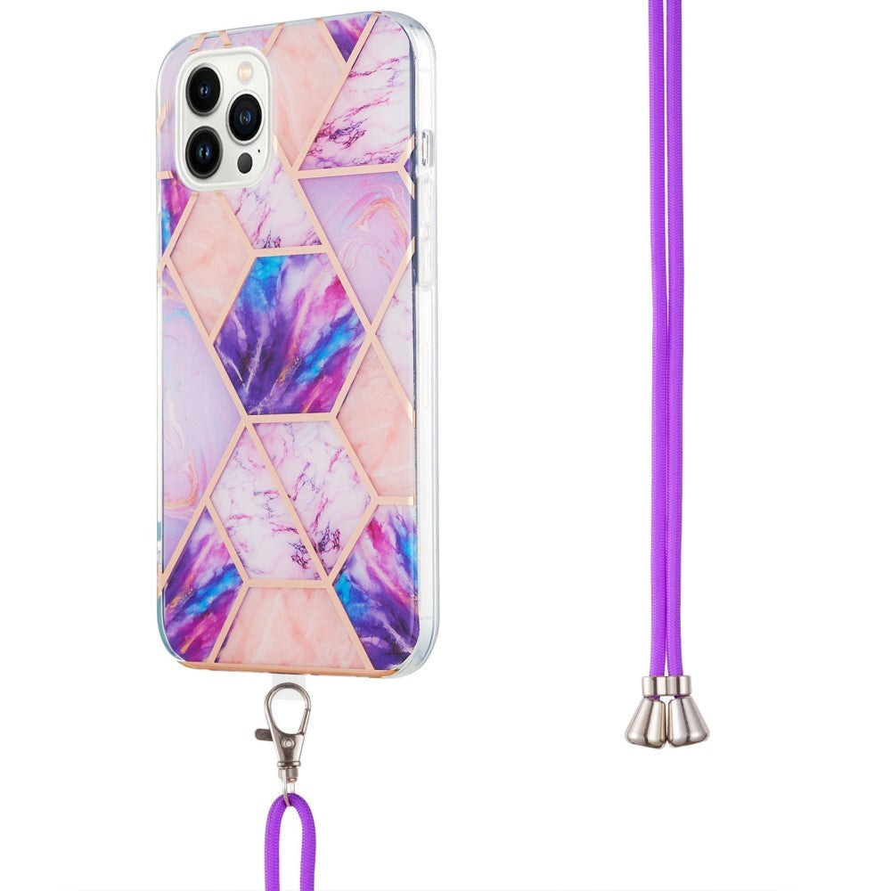 iPhone 14 Pro Max Flexible Plastic Back Case w. Cord - Marble - Light Purple