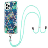 iPhone 14 Pro Flexible Plastic Back Case w. Cord - Marble - Blue & Green