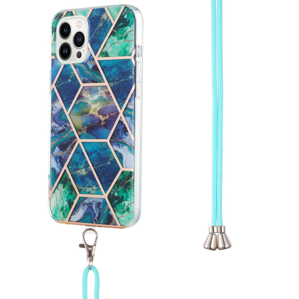 iPhone 14 Pro Flexible Plastic Back Case w. Cord - Marble - Blue & Green