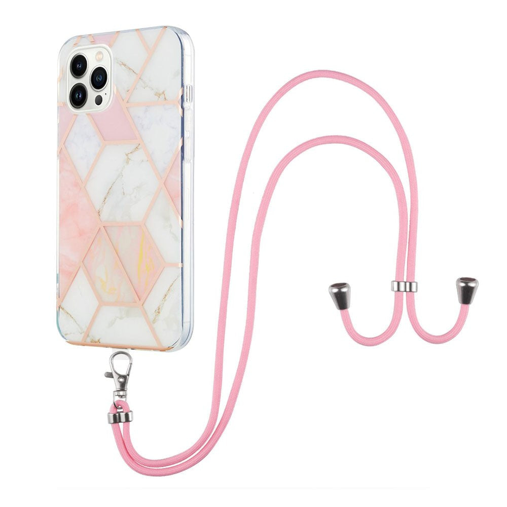 iPhone 14 Pro Flexible Plastic Back Case w. Cord - Marble - Pink & White