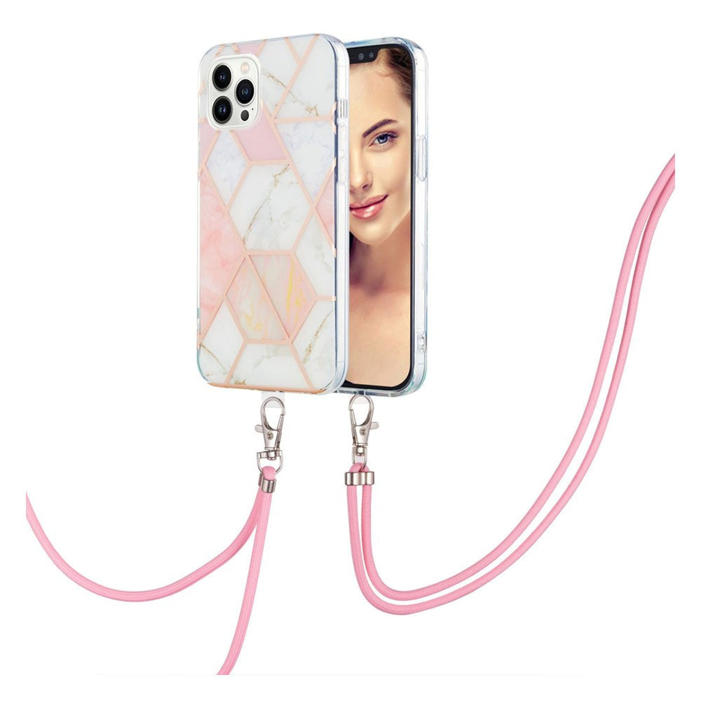 iPhone 14 Pro Flexible Plastic Back Case w. Cord - Marble - Pink & White