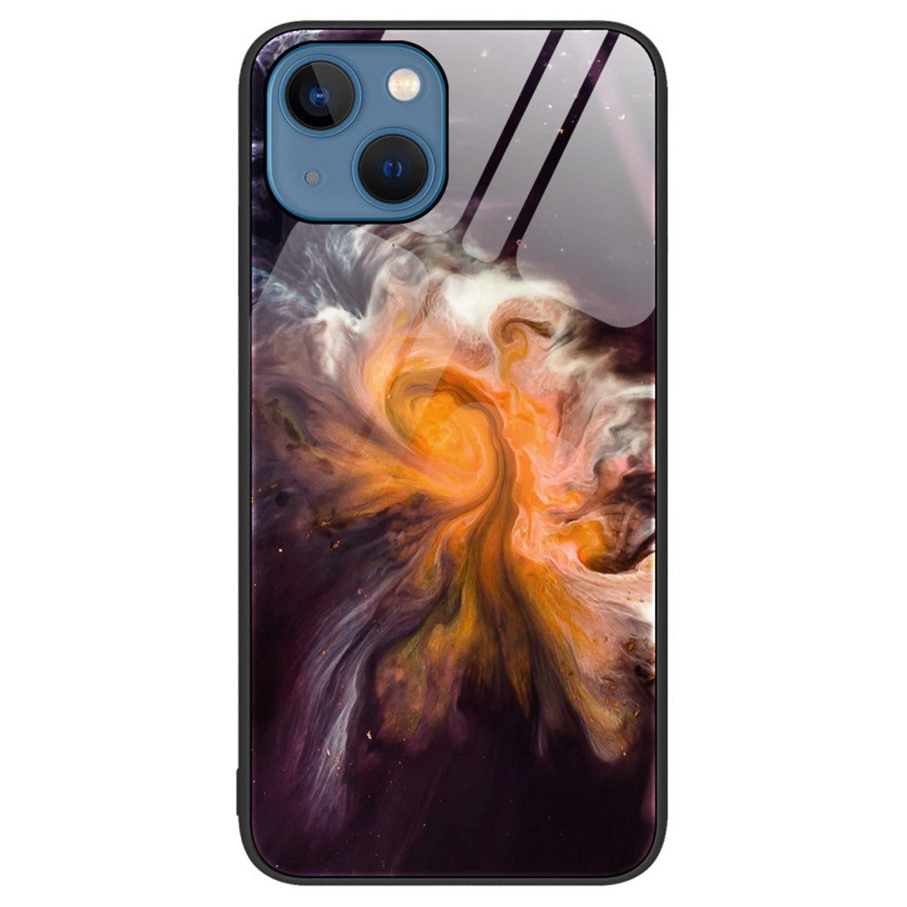 iPhone 14 Plus Plastic Case with Tempered Glass - Orange & Purple Marble