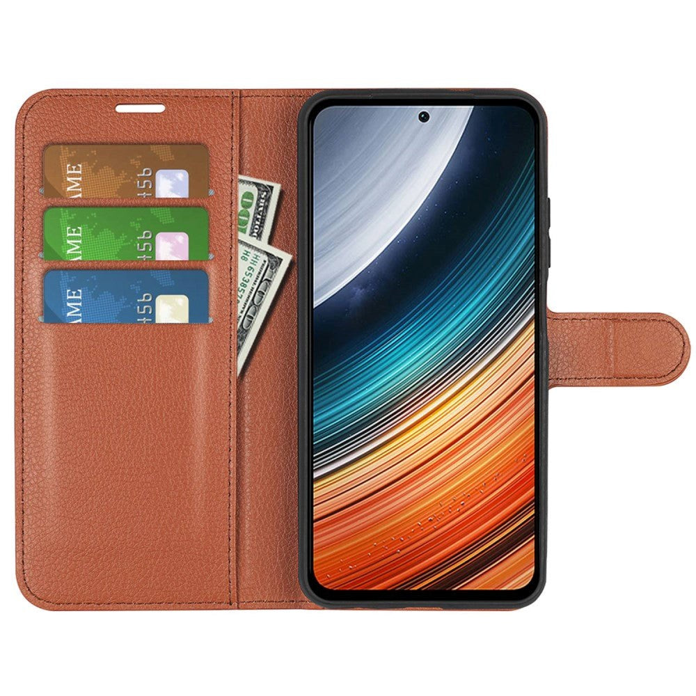 Xiaomi Poco F4 Litchi Leather Flip Cover w. Wallet - Brown