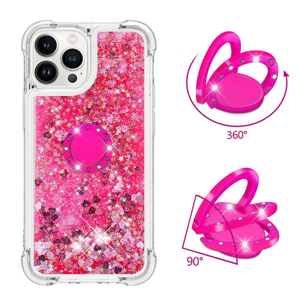 iPhone 14 Pro Dynamic Glitter Back Case w. Stars and Hearts - Transparent / Pink