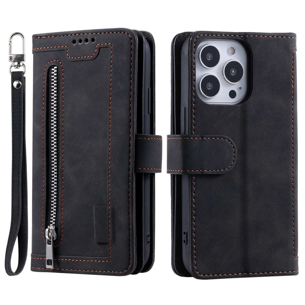 iPhone 14 Pro Leather Flip Case with Wallet & Magnetic Lock - Black