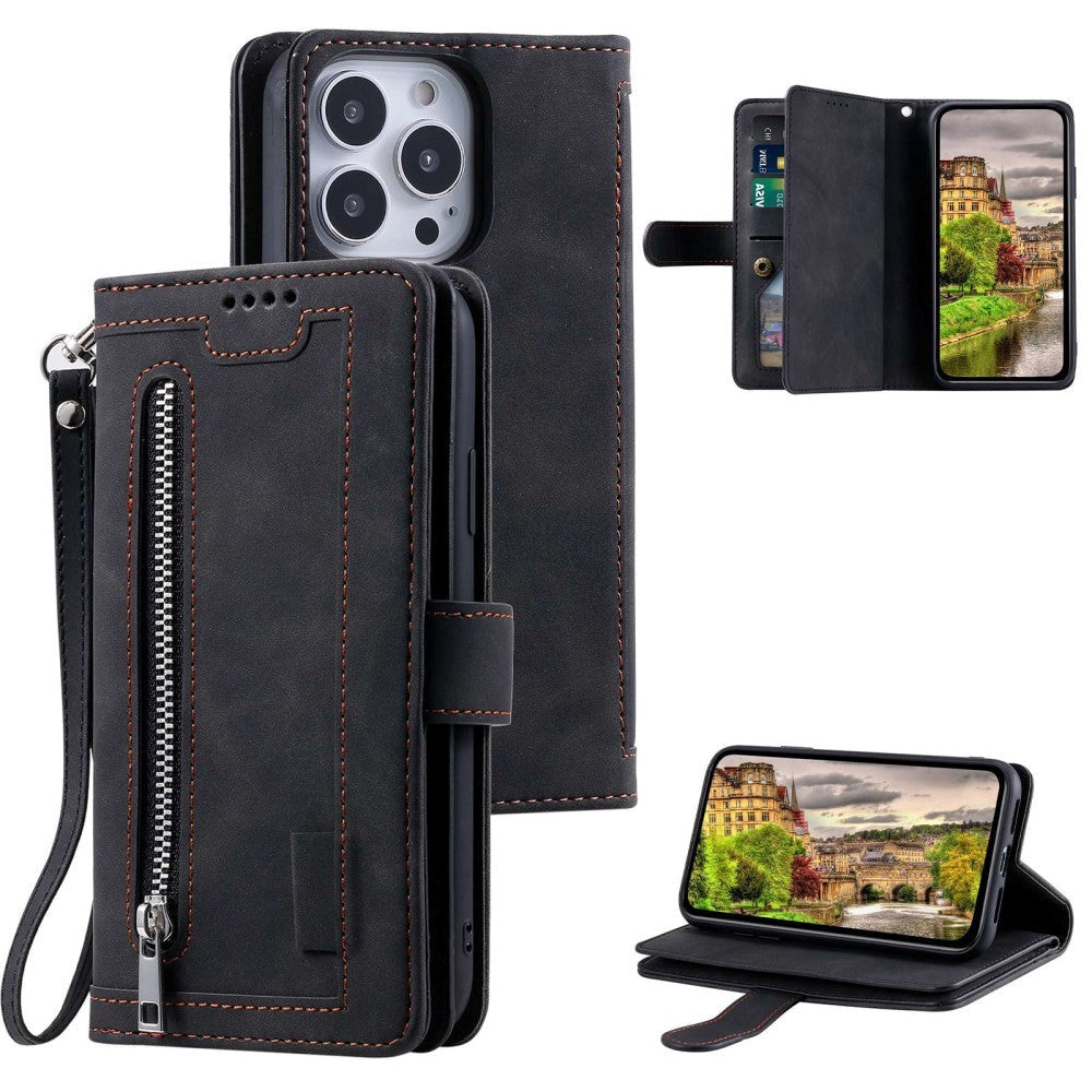 iPhone 14 Pro Leather Flip Case with Wallet & Magnetic Lock - Black