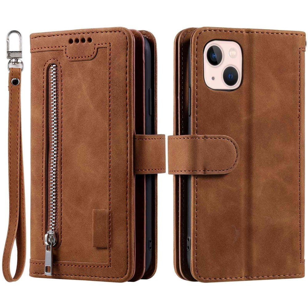 iPhone 14 Leather Flip Case with Wallet & Magnetic Lock - Brown