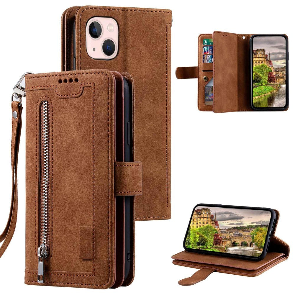 iPhone 14 Leather Flip Case with Wallet & Magnetic Lock - Brown