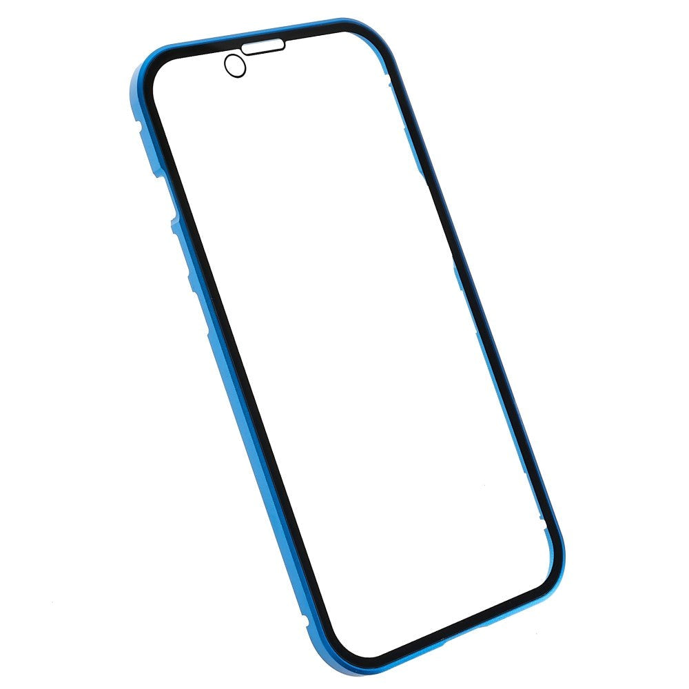 iPhone 14 Cover w. Magnetic Metal Edge Glass- Front & Back - Blue