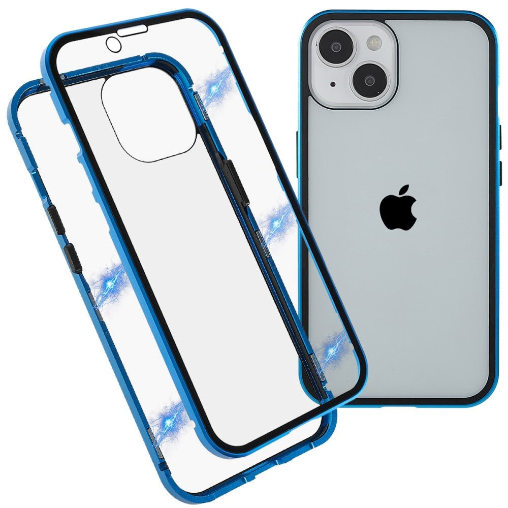 iPhone 14 Cover w. Magnetic Metal Edge Glass- Front & Back - Blue