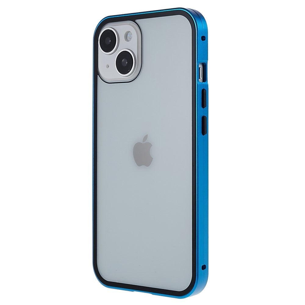 iPhone 14 Cover w. Magnetic Metal Edge Glass- Front & Back - Blue