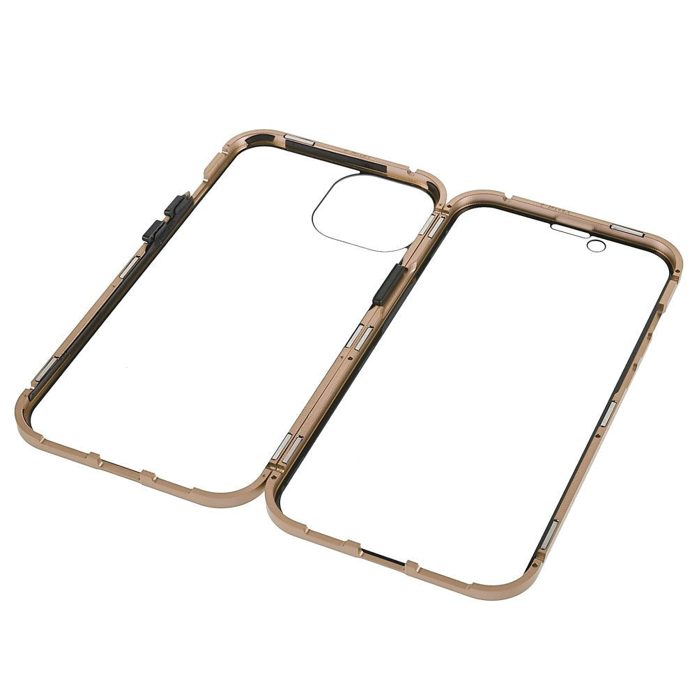 iPhone 14 Cover w. Magnetic Metal Edge Glass- Front & Back - Gold