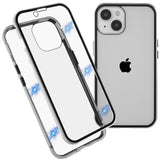 iPhone 14 Cover w. Magnetic Metal Edge Glass- Front & Back - Silver