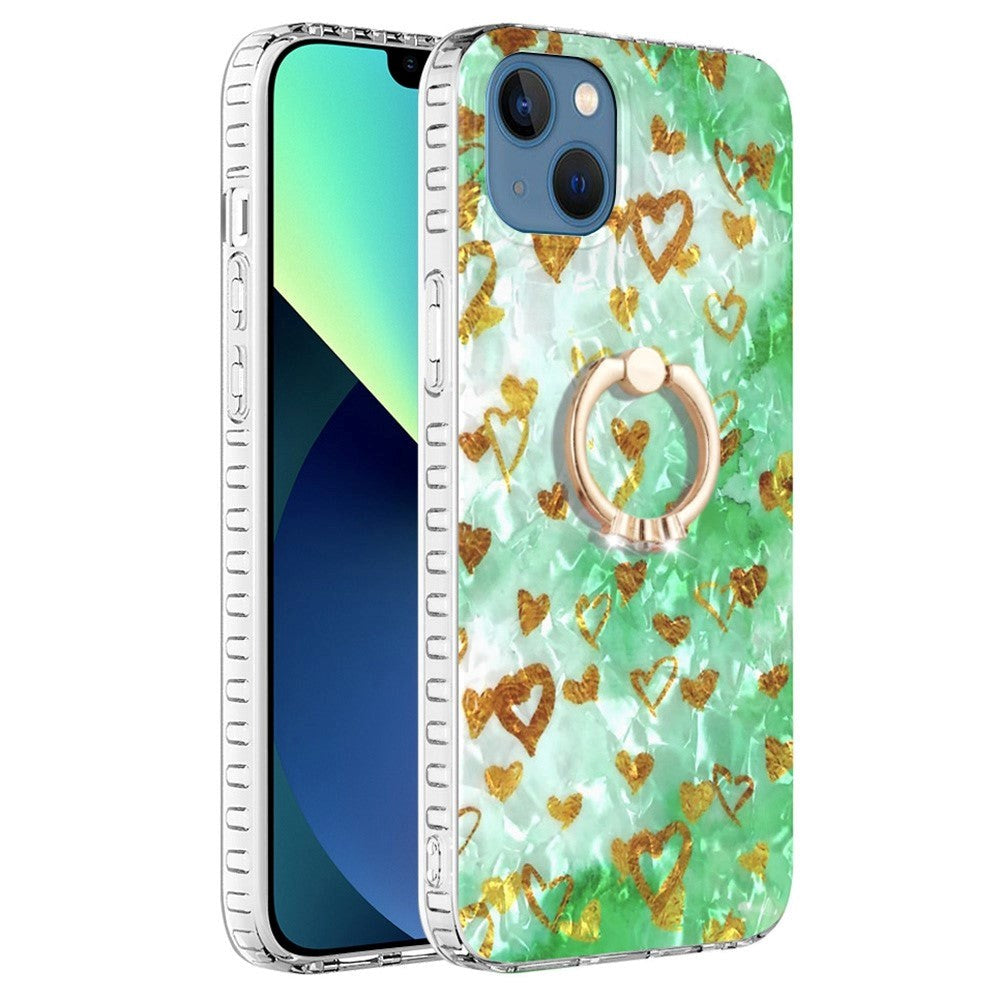 iPhone 14 Flexible Plastic Case w. Finger Ring - Gold Hearts