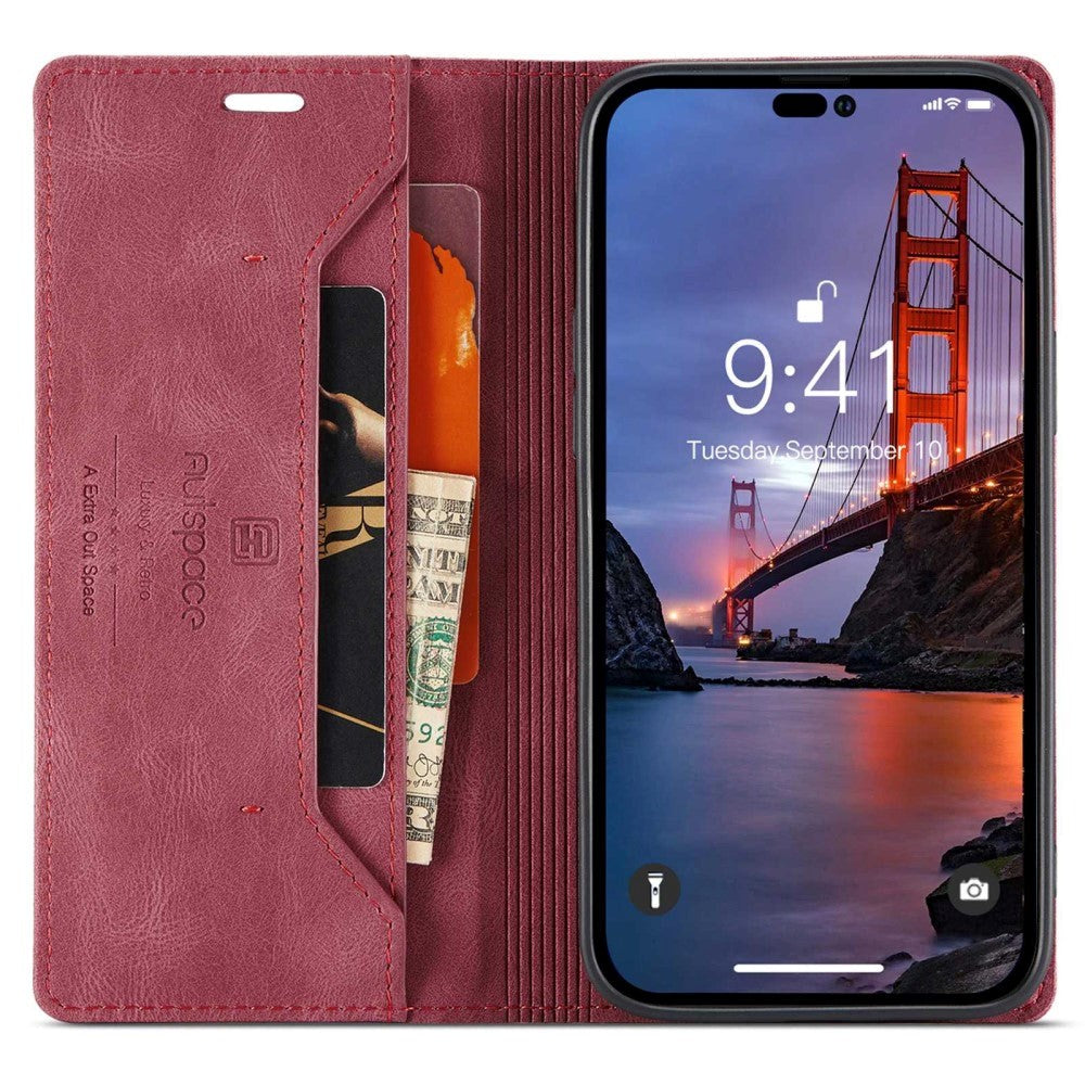 iPhone 14 Pro Max Retro PU Leather Flip Case with Wallet/Card Holder - Red