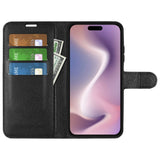 EIDERWOOD iPhone 16 Plus Litchi Leather Flip Case w. Wallet - Black