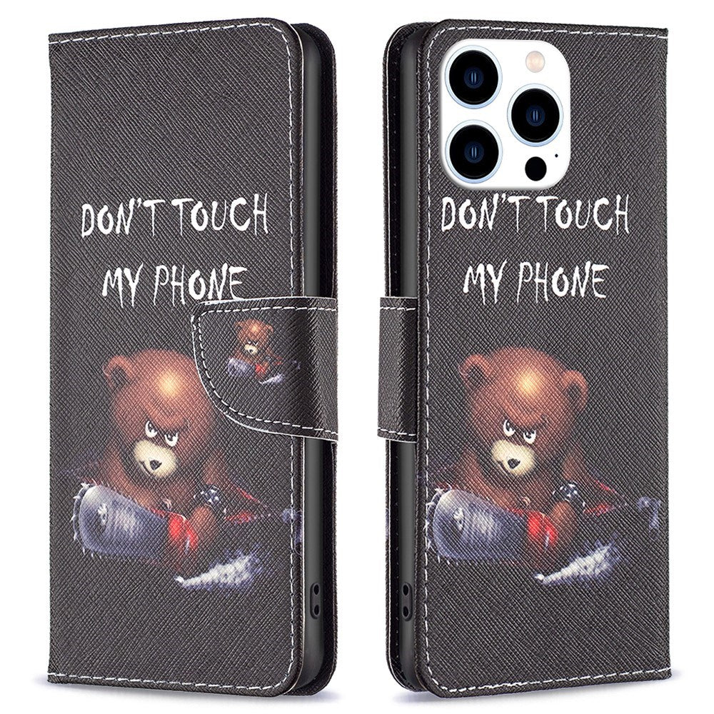 EIDERWOOD iPhone 16 Pro Leather Case w, Wallet & Print - "Don't Touch My Phone" - Bear