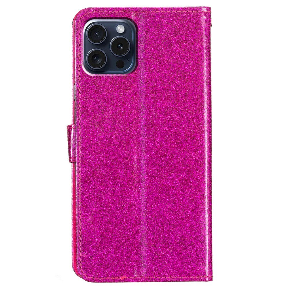 EIDERWOOD iPhone 16 Pro Leather Flip Case with Wallet and Strap - Glitter - Pink