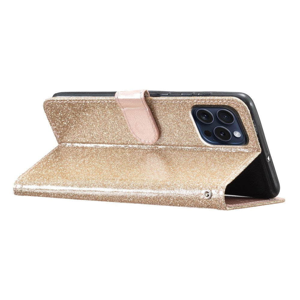 EIDERWOOD iPhone 16 Pro Leather Flip Case with Wallet and Strap - Glitter - Gold