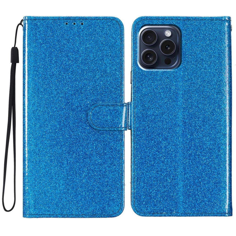 EIDERWOOD iPhone 16 Pro Leather Flip Case with Wallet and Strap - Glitter - Blue